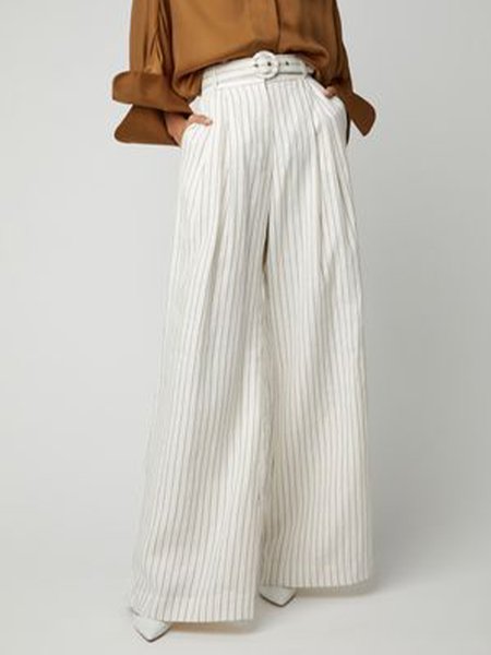 

Formal Work Pockets Striped Wide Leg Pants, White, Wide Leg Pants
