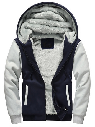 

Men's Thick Velvet Stitching Contrast Color Hooded Knitted Jacket, Deep blue, Jacket