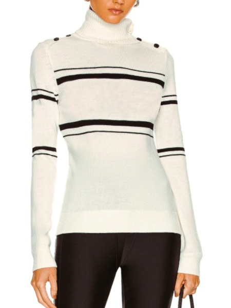 

Winter High Neck Simple Striped Long sleeve Daily Sweater, White, Pullovers