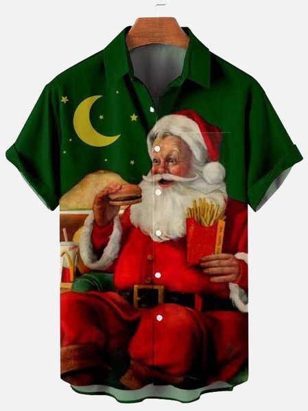 

Mens Christmas Santa Printed Casual Breathable Short Sleeve Shirts, Green, Men's Floral shirt