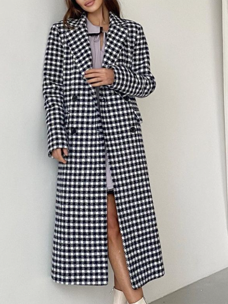 

Long sleeve Lapel Grid Elegant Outerwear, Black-white, Coats