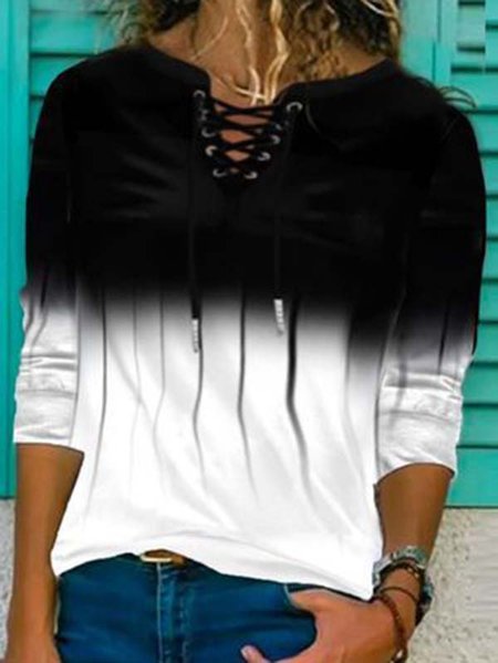 

Long Sleeve Color Block Casual Shirts & Tops, Black-white, T-Shirts