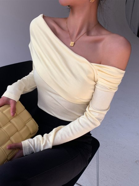 

Lady Off The Shoulder Solid Skinny Top, White-yellow, Tops