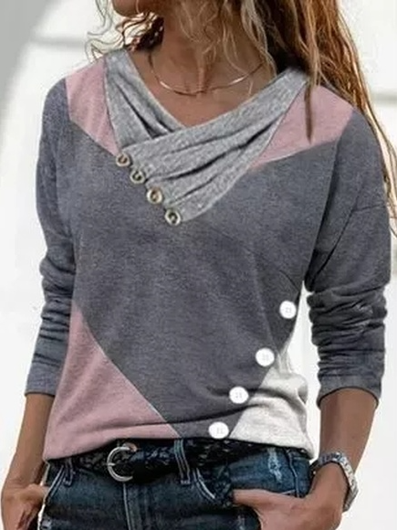 

Geometric Cotton Blends Cowl Neck Tops, Gray, Tops
