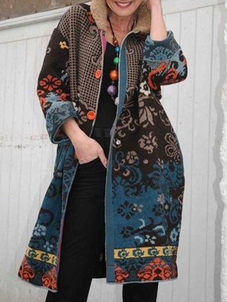 

Lapel Loosen Cotton Blends Outerwear, Blue, Outerwear