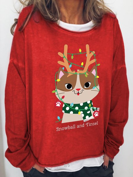 

Christmas cat print round neck long sleeve sweatshirt, Red, Hoodies&Sweatshirts
