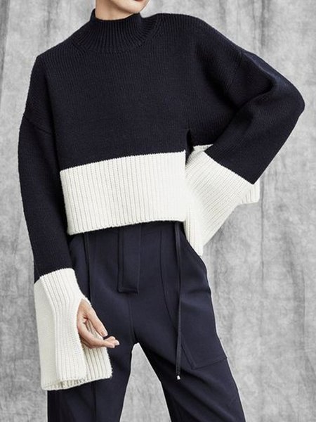 

Solid High Neck Casual Pullover, Black-white, Pullovers