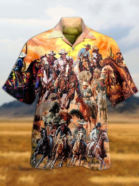 

Mens Vintage Cowboy Print Loose Short Sleeve Shirts, Brown, Men's Floral shirt