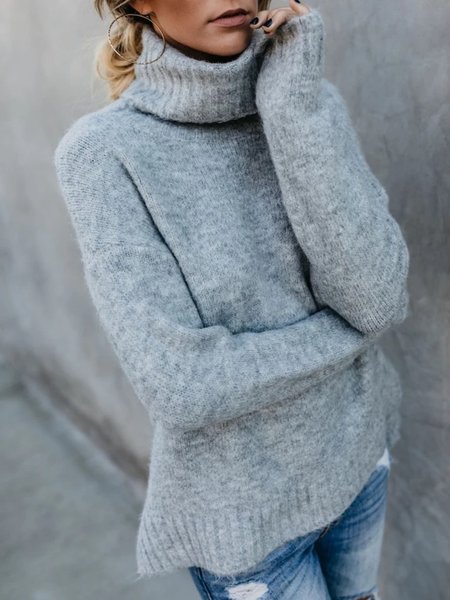 

Casual Long Sleeve High Neck Plus Size Sweater, Gray, Knitwear & Sweaters