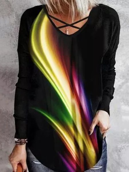 

Casual Printed V Neck Loosen Shirts & Tops, Black, Tops