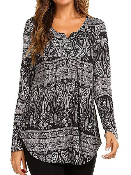

Paisley Printed Long Sleeves Loosen Casual Shirts & Tops, Black, Tops