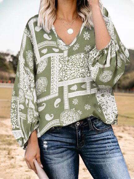 

Paisley Printed Vacation Puff Sleeve Shirts & Tops, Green, Long sleeve tops