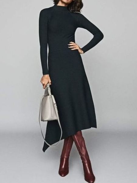 

Winter A-line Lady High Stretch Work Formal Date Mid-weight Dresses, Black, Midi Dresses