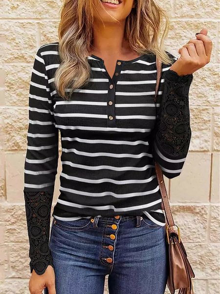 

Casual Crew Neck Striped Long Sleeve Shirts & Tops, Black, Tops