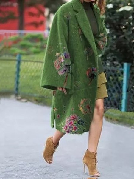 

Long Sleeve Casual Lapel Floral Overcoat, Green, Outerwear