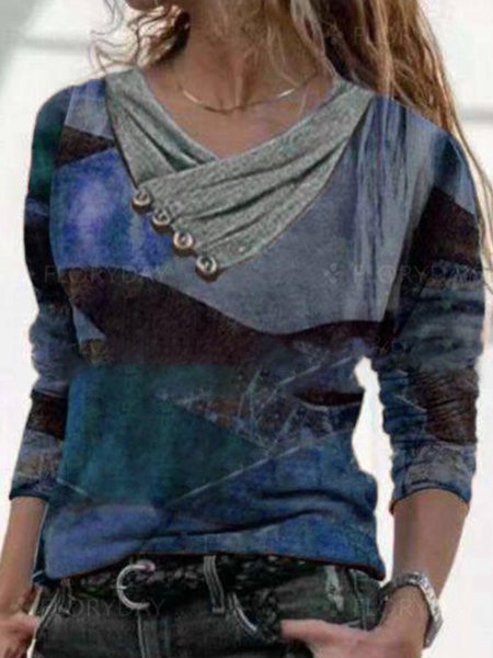 

Blue V Neck Casual Abstract Shirts & Tops, Tops