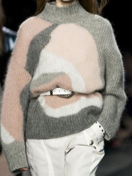 

High Neck Abstract Elegant Off Shoulder Sweater, As picture, Pullovers