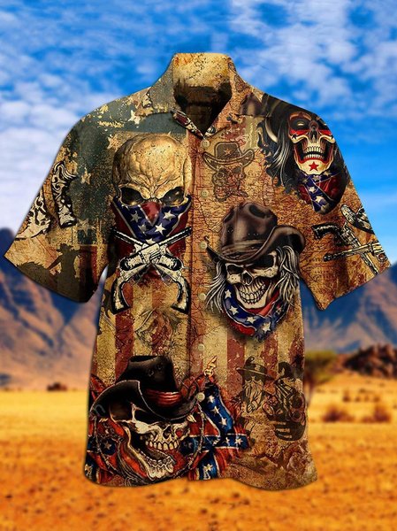 

Mens Vintage Skull Cowboy American Flag Print Loose Short Sleeve Shirts, Khaki, Men's Floral shirt