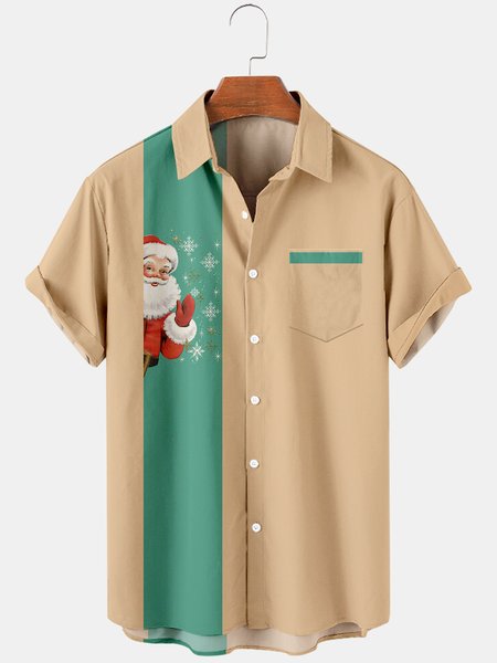 

Mens Christmas Santa Printed Casual Breathable Short Sleeve Shirts, Khaki, Men's Floral shirt
