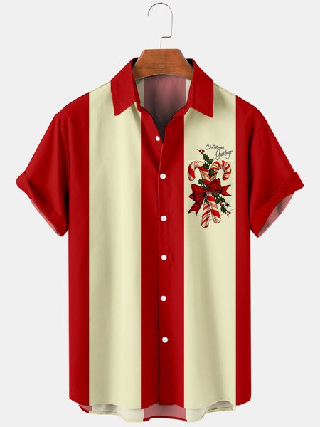 

Mens Christmas Candy Cane Printed Casual Breathable Short Sleeve Shirts, Red, Shirts ＆ Blouse