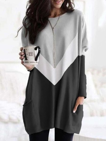 

Color Block Printed Round Neck Loosen Shirts & Tops, As picture, Tops