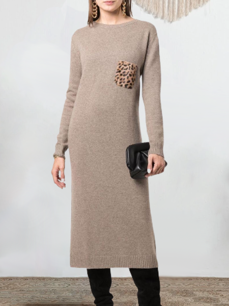 

Household Daily Vintage Crew Neck Regular Fit Casual Dresses, Light brown, Casual Dresses