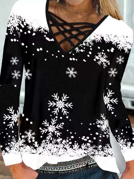 

Christmas V Neck Cotton Blends Top, Black-white, Tees & T-shirts