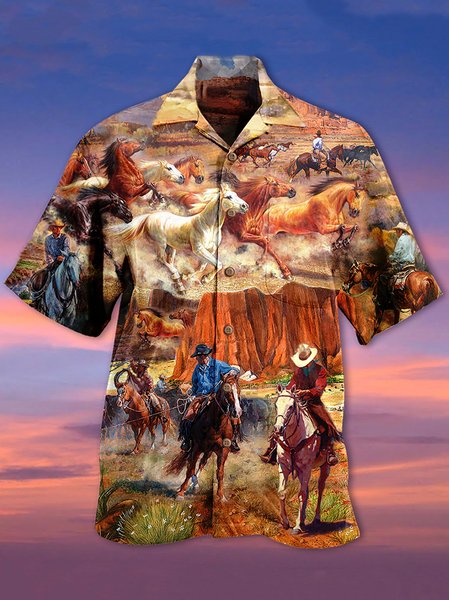 

Mens Vintage Cowboy Print Loose Short Sleeve Shirts, Brown, Shirts ＆ Blouse