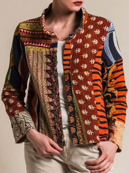 

Vintage Color-block Geometric Printed Long Sleeves Plus Size Casual Jackets, Multicolor, Outerwear