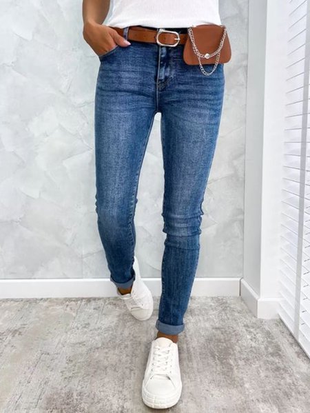 

Skinny Denim Button Long Pants, Blue, Pants