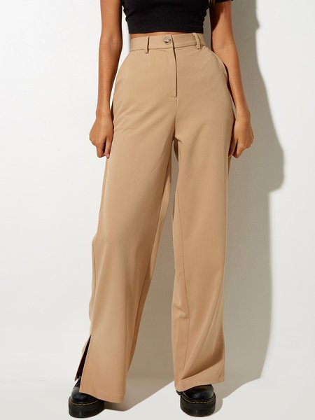 

Solid Work Regular Fit Long Pants, Khaki, Straight Leg Pants