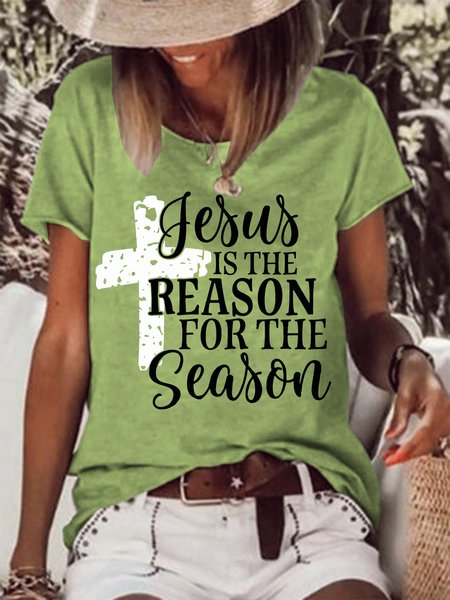 

Jesus Is The Reason For The Season Crew Neck Cotton Blends Casual T-shirt, Green, T-shirts