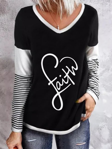 

Casual Long Sleeve V Neck Plus Size Printed Tops T-shirts, Black, T-Shirts
