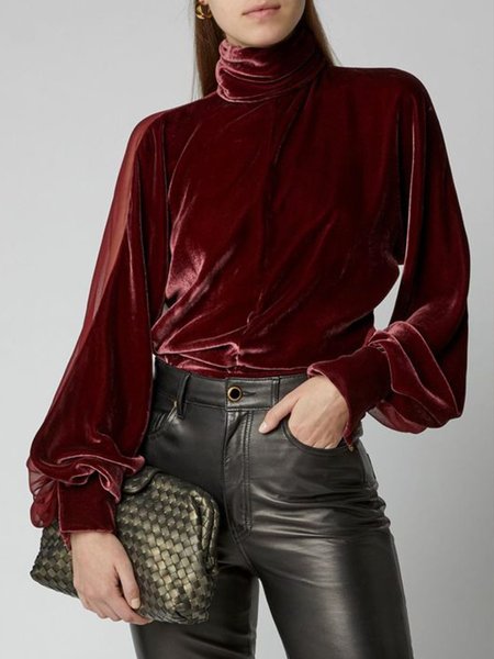 

Elegant Long Sleeve Velvet basic Top, Wine red, Blouses and Shirts