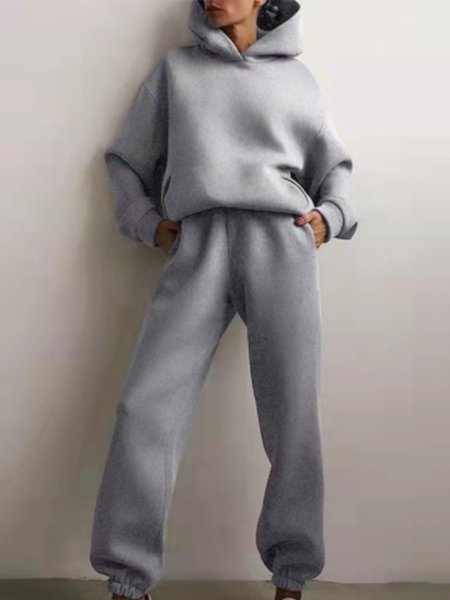 

Long Sleeve Hooded Casual Solid Suit, Light gray, Two-piece Set