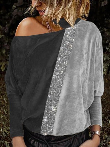 

Color-block Long Sleeve Off Shoulder Plus Size Casual Tops, Black-grey, Tops