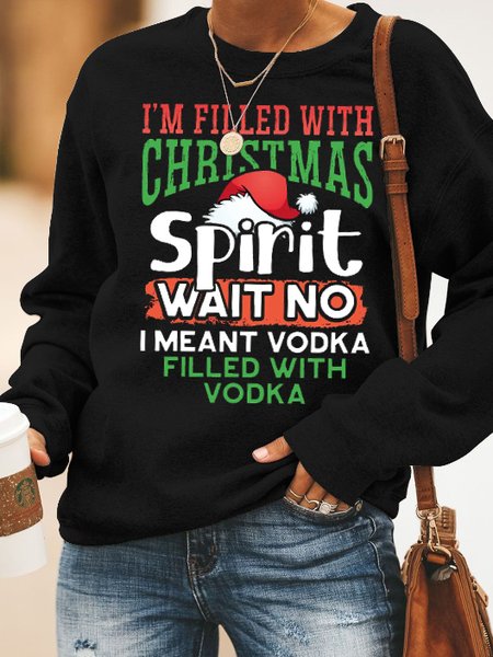 

Christmas funny text print round neck long sleeve sweatshirt, Black, Hoodies&Sweatshirts
