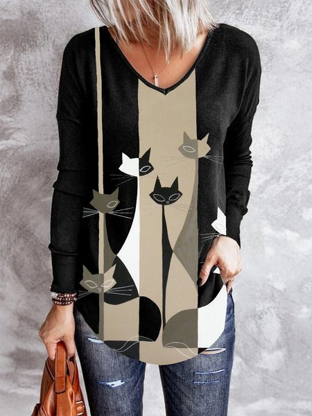 

Loosen Cute Cat Casual Shirts & Tops, Black, Long sleeve tops
