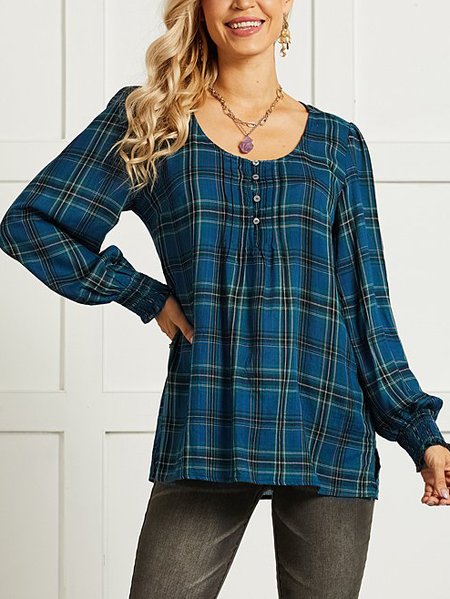 

Grid Printed Puff Sleeve Loosen U-Neck Shirts & Tops, Blue, Long sleeve tops