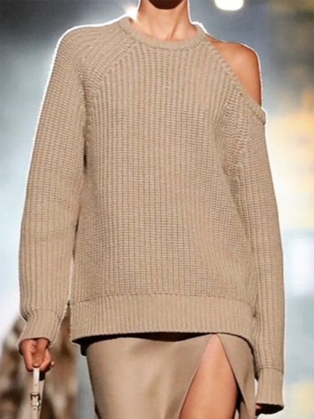 

Crew Neck Elegant Solid Long sleeve Sweater, Khaki, Pullovers