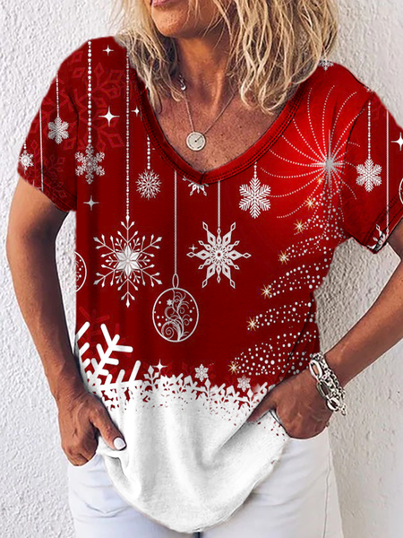 

Christmas Printed Holiday Casual Shirts & Tops, White-red, T-Shirts