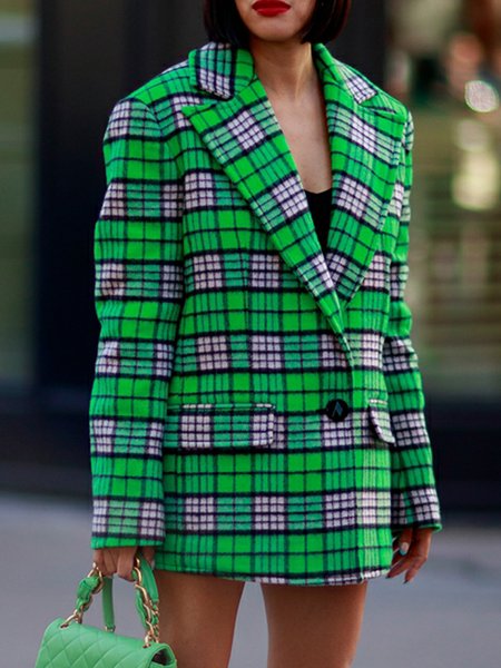 

Grid Elegant Lapel Long sleeve Regular Fit Outerwear, Green, Blazers
