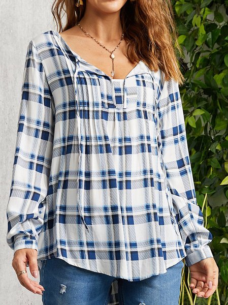 

Grid Printed Notched Casual Long Sleeve Shirts & Tops, White, Long sleeve tops