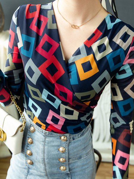 

Vintage V Neck Geometric Top, As picture, Tops