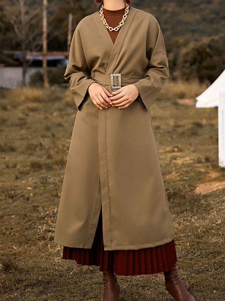 

Solid V Neck Off Shoulder Loosen Outerwear, Brown, Coats