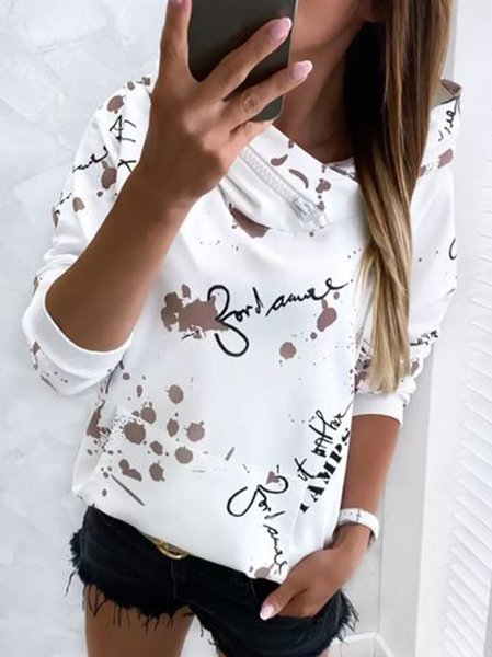 

Letter Printed Pockets Casual Sweatshirt, White, Sweatshirts & Hoodies