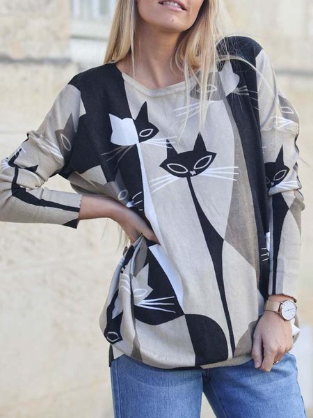 

Loosen Crew Neck Casual Cat Shirts & Tops, Multicolor, Tees & T-shirts