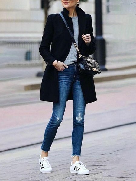 

Loosen Simple Flat Collar Outerwear, Black, Coats