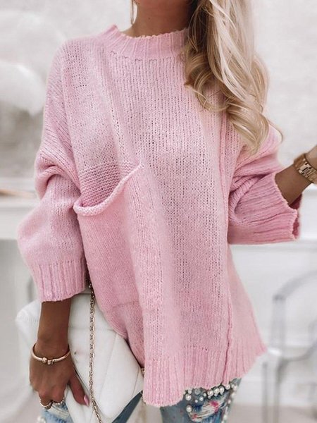 

Sweet Pink Solid Casual Long Sleeve Round Neck Sweater, Sweaters