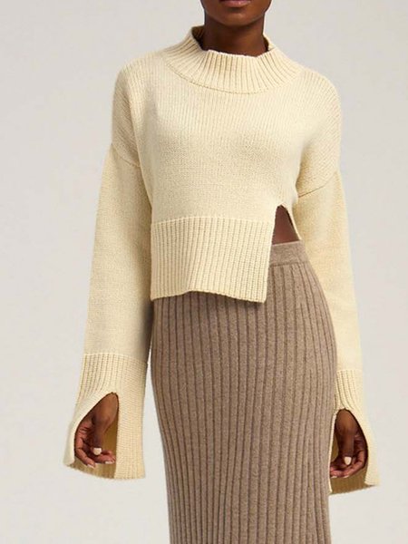 

Long sleeve Solid Elegant High Neck Sweater, Apricot, Pullovers